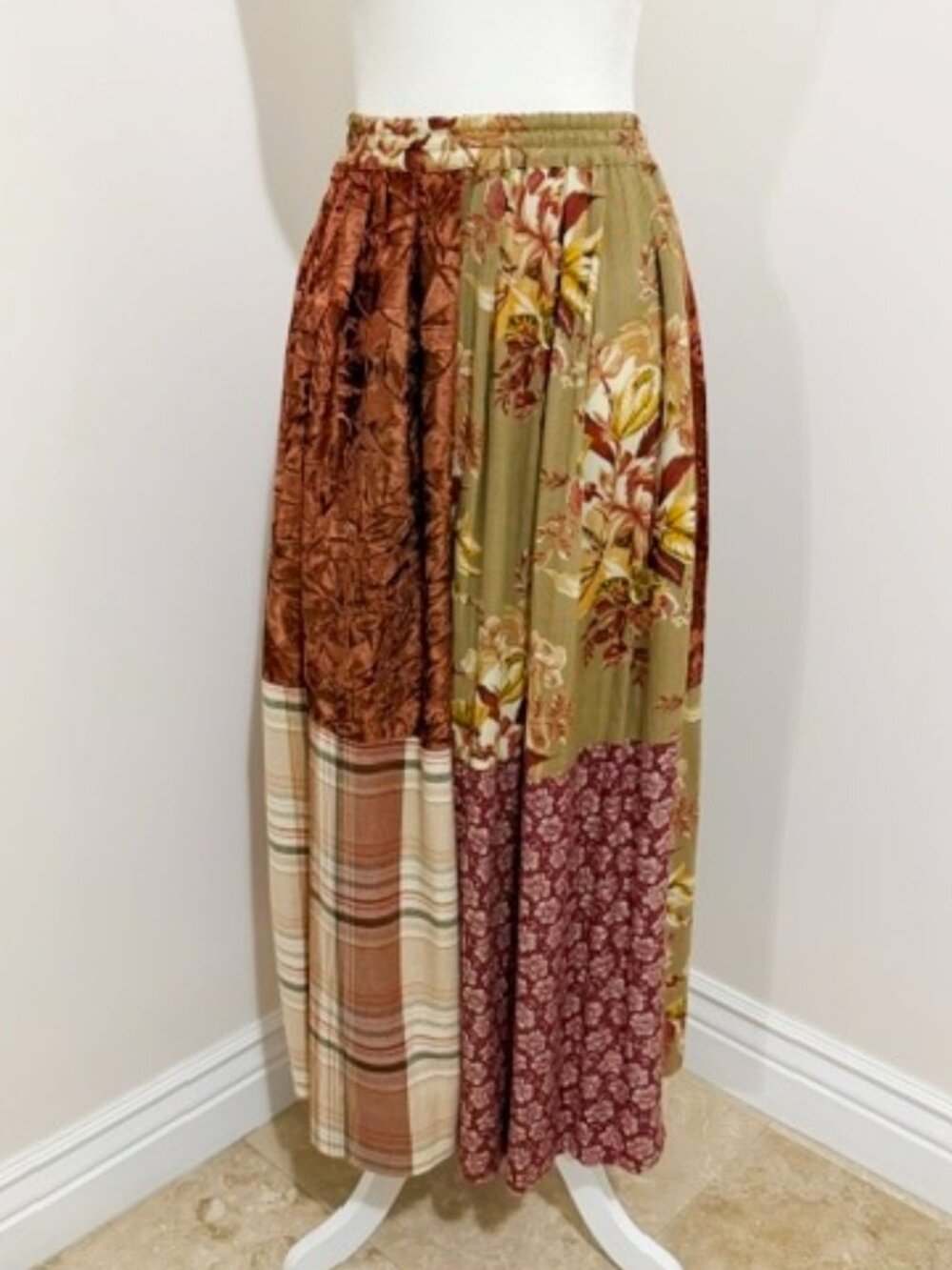 Vintage Cambridge Dry Goods Maxi Skirt Velvet Plaid Floral Panels Autumn Size S